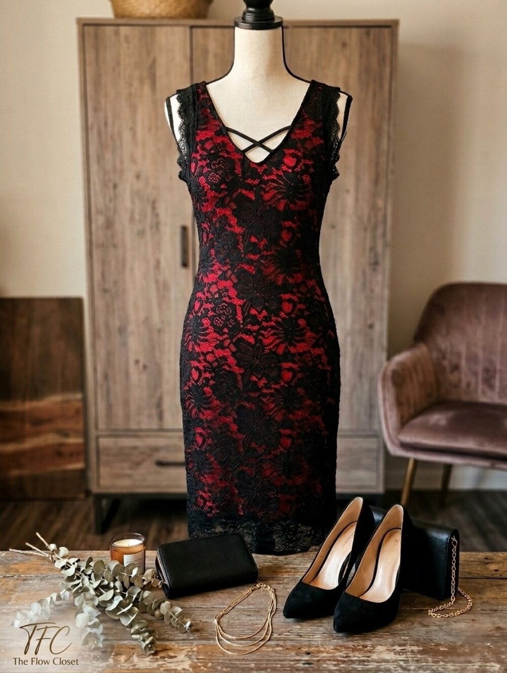 Liberty Love Red Black Lace Sheath Dress M Criss Cross Neck Wedding Guest